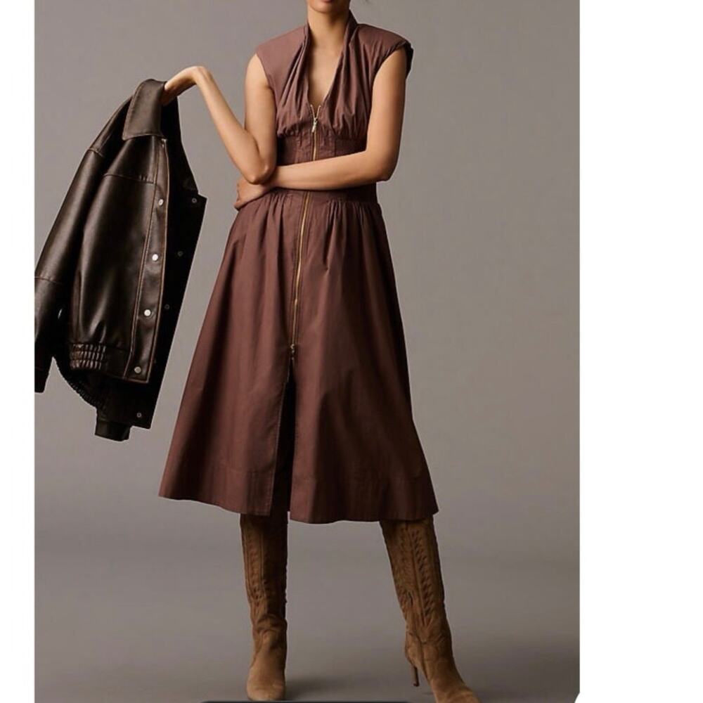ANTHROPOLOGIE The Tommie Cap Sleeve Brown Dress Gold Zip-Front Smocked - Sz M
